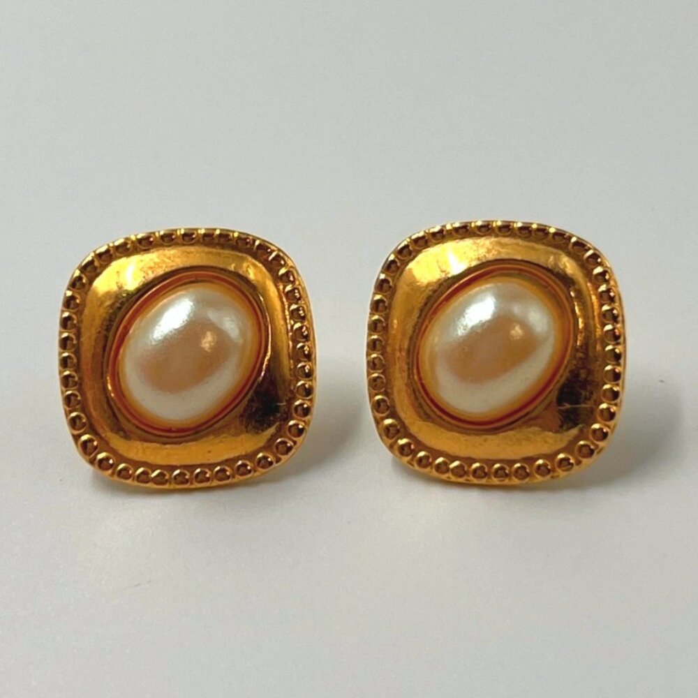 Gold Pearl Square Pierced Earrings Post Classic